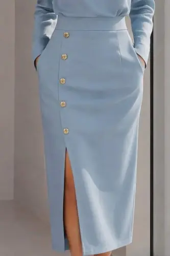 Kadın Uzun Kollu Bisiklet Yakalı Yandan Yırtmaçlı Düğmeli Midi Ithal Krep Elbise - BÜYÜKBEDENIZ (1)