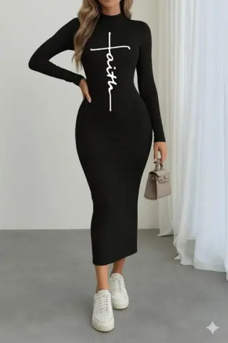 Kadın Uzun Kollu Boğazlı Baskı Detaylı Viskon Tam Boy Elbise - 1