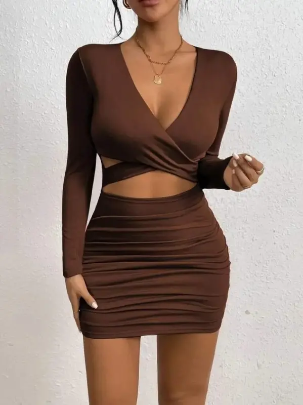 Kadın Uzun Kollu çapraz Dekolte Detaylı Mini Sandy Elbise - 2