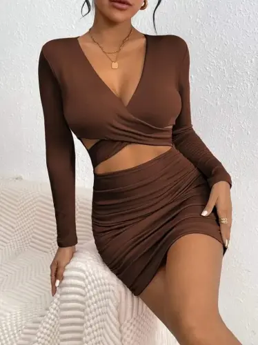 Kadın Uzun Kollu çapraz Dekolte Detaylı Mini Sandy Elbise - 3