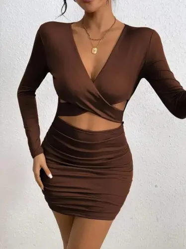 Kadın Uzun Kollu çapraz Dekolte Detaylı Mini Sandy Elbise - 4