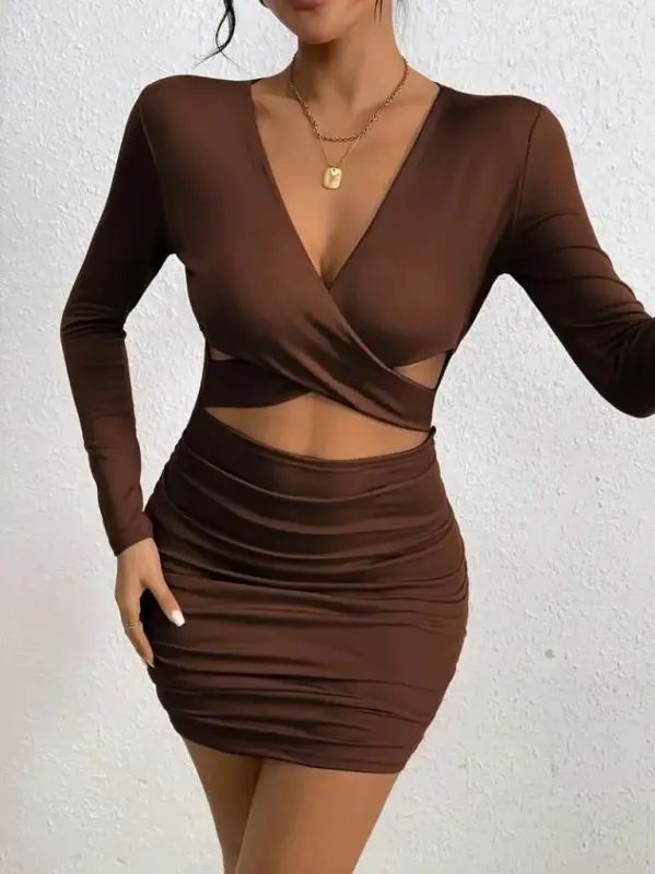 Kadın Uzun Kollu çapraz Dekolte Detaylı Mini Sandy Elbise - 4