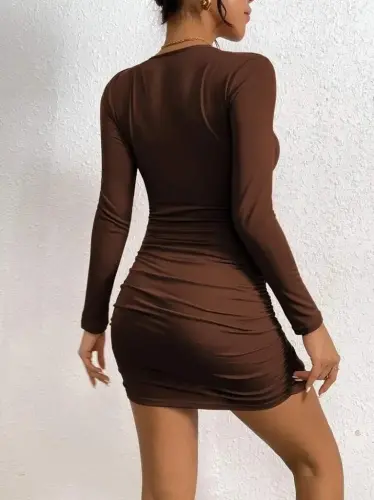 Kadın Uzun Kollu çapraz Dekolte Detaylı Mini Sandy Elbise - 6