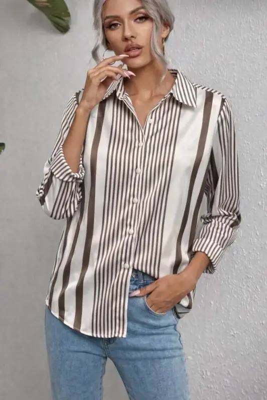 Kadın Uzun Kollu çizgi Desen Saten Gömlek - BÜYÜKBEDENIZ