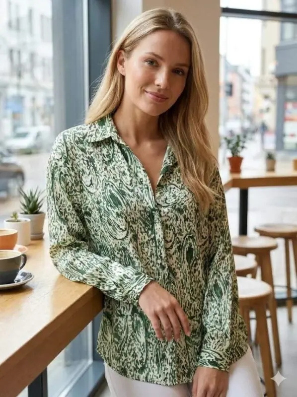 Kadın Uzun Kollu Dalgalı Desen Baskılı Gömlek - 1