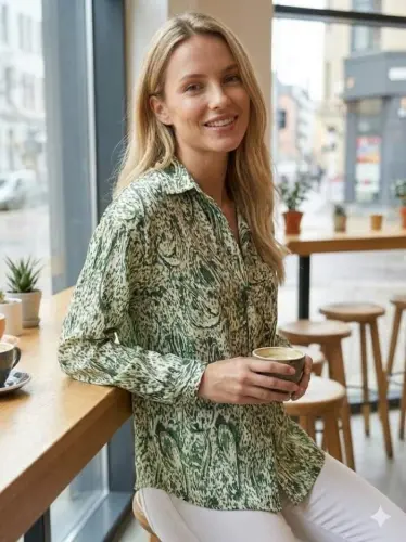 Kadın Uzun Kollu Dalgalı Desen Baskılı Gömlek - BÜYÜKBEDENIZ (1)