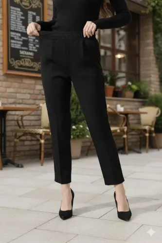 Kadın Uzun Kollu Dalıç Kumaş Cep Detay Beli Lastikli ütüsüz Pantolon - 1