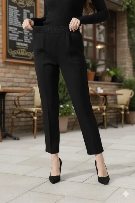 Kadın Uzun Kollu Dalıç Kumaş Cep Detay Beli Lastikli ütüsüz Pantolon - 1