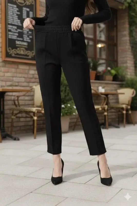 Kadın Uzun Kollu Dalıç Kumaş Cep Detay Beli Lastikli ütüsüz Pantolon - 2