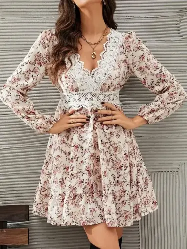 Kadın Uzun Kollu Dantel V Yakalı Mini Desenli Süprem Elbise - 3