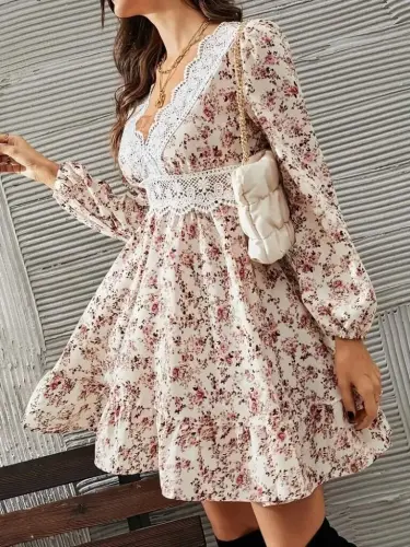 Kadın Uzun Kollu Dantel V Yakalı Mini Desenli Süprem Elbise - 4