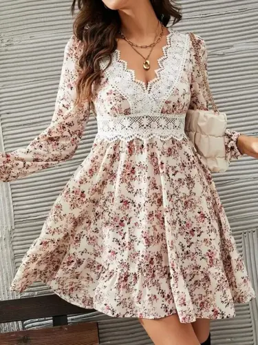 Kadın Uzun Kollu Dantel V Yakalı Mini Desenli Süprem Elbise - 1