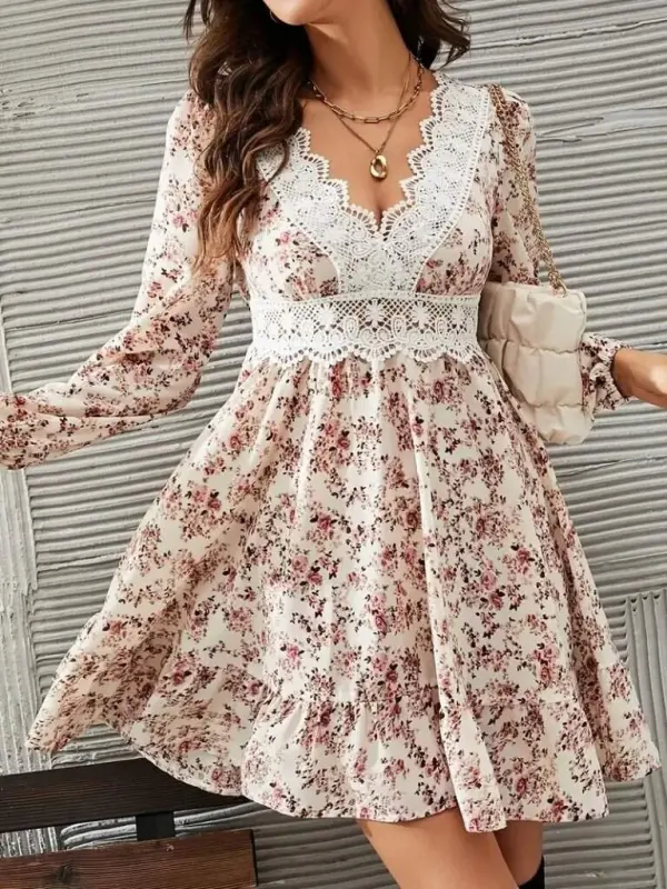 Kadın Uzun Kollu Dantel V Yakalı Mini Desenli Süprem Elbise - 1