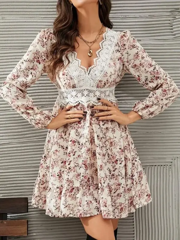 Kadın Uzun Kollu Dantel V Yakalı Mini Desenli Süprem Elbise - 3