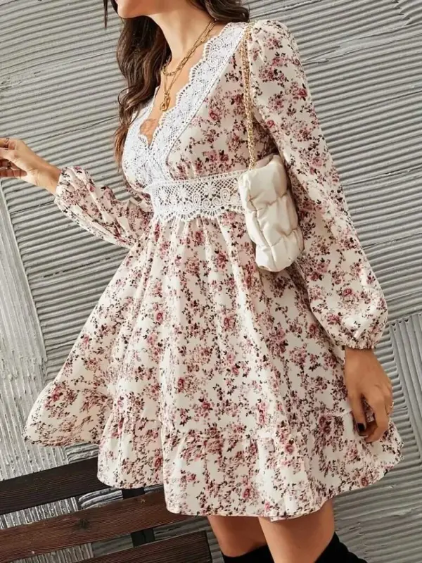 Kadın Uzun Kollu Dantel V Yakalı Mini Desenli Süprem Elbise - 4