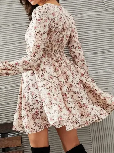 Kadın Uzun Kollu Dantel V Yakalı Mini Desenli Süprem Elbise - 5