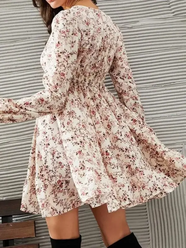Kadın Uzun Kollu Dantel V Yakalı Mini Desenli Süprem Elbise - 5