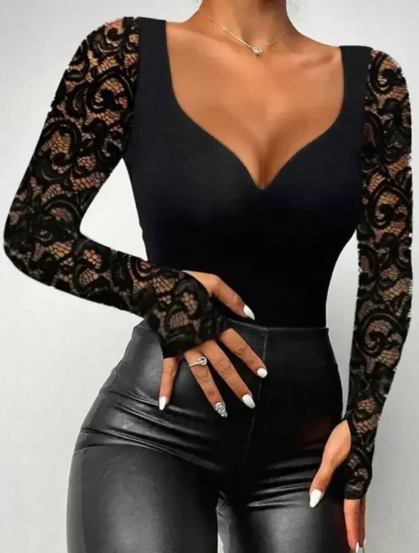 Kadın Uzun Kollu Dantelli Dekolte Detaylı Dalgıç Bluz - BÜYÜKBEDENIZ