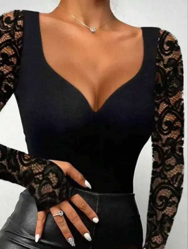 Kadın Uzun Kollu Dantelli Dekolte Detaylı Dalgıç Bluz - 2