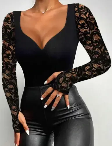 Kadın Uzun Kollu Dantelli Dekolte Detaylı Dalgıç Bluz - 3