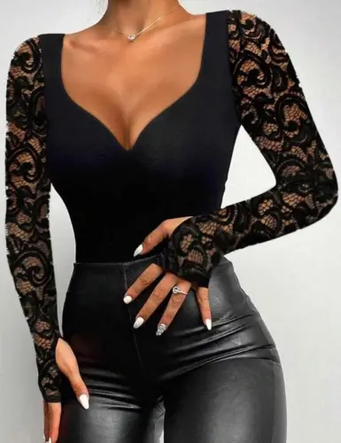Kadın Uzun Kollu Dantelli Dekolte Detaylı Dalgıç Bluz - 3