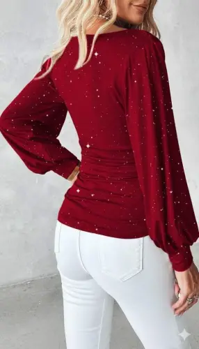 Kadın Uzun Kollu Degaje Yaka Taşlı Sandy Bluz - 3