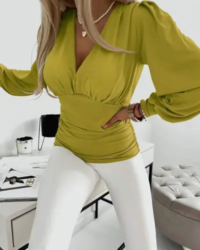 Kadın Uzun Kollu Derin V Yakalı önden Büzgülü Sandy Bluz - 3