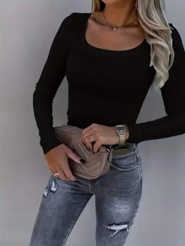 Kadın Uzun Kollu Derin Yuvarlak Yaka Kaşkorse Bluz - BÜYÜKBEDENIZ (1)