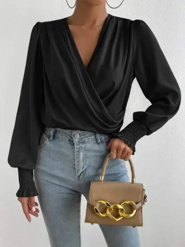 Kadın Uzun Kollu Dökümlü Kruvaze Yaka Kol Ucu Gipeli Sandy Bluz - 6