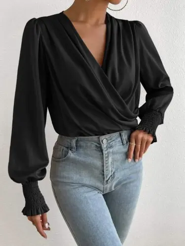 Kadın Uzun Kollu Dökümlü Kruvaze Yaka Kol Ucu Gipeli Sandy Bluz - 7