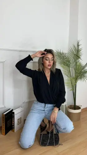 Kadın Uzun Kollu Dökümlü Kruvaze Yaka Kol Ucu Gipeli Sandy Bluz - 7