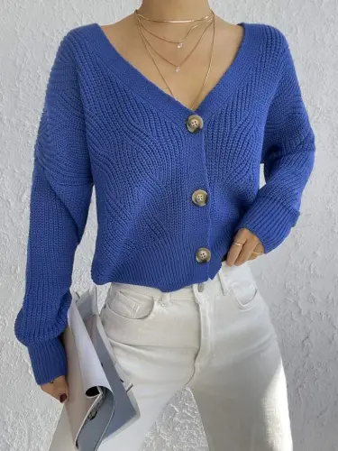 Kadın Uzun Kollu Düğme Detay Triko Hırka - 5