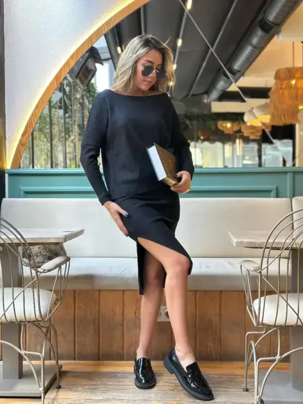 Kadın Uzun Kollu Düşük Omuz Yırtmaç Detay Kaşkorse Etek Bluz Ikili Takım - 4