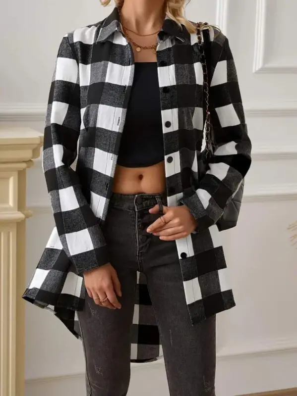 Kadın Uzun Kollu Ekoseli önden Düğmeli Dokuma Uzun Gömlek - BÜYÜKBEDENIZ