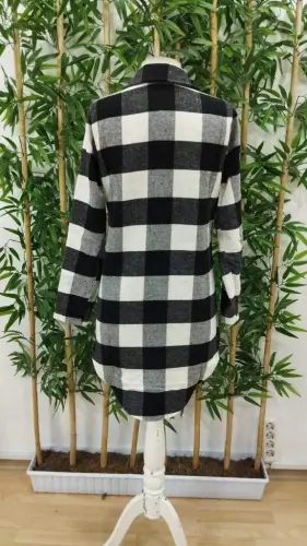 Kadın Uzun Kollu Ekoseli önden Düğmeli Dokuma Uzun Gömlek - 8