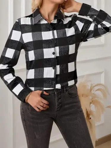 Kadın Uzun Kollu Ekoseli önden Düğmeli Dokuma Uzun Gömlek - BÜYÜKBEDENIZ (1)