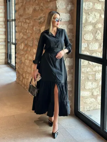 Kadın Uzun Kollu Eteği Fırfırlı Beli Kuşaklı Trikoton Tam Boy Gömlek Elbise - 6