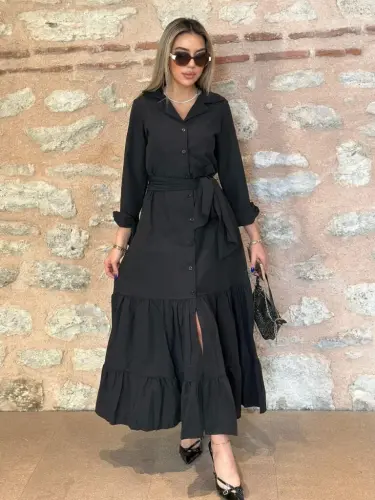 Kadın Uzun Kollu Eteği Fırfırlı Beli Kuşaklı Trikoton Tam Boy Gömlek Elbise - 7