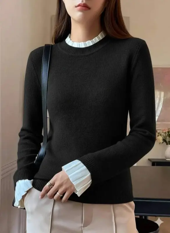 Kadın Uzun Kollu Fırfırlı Yakalı Triko Bluz - BÜYÜKBEDENIZ