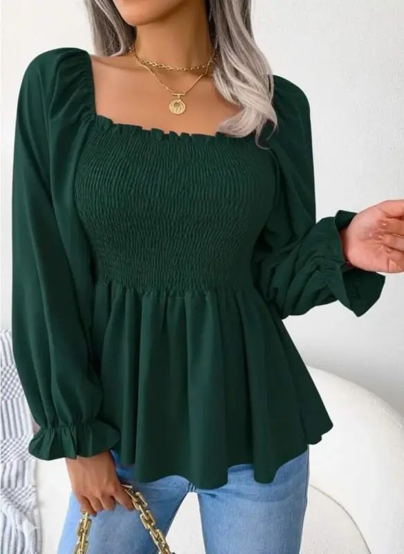 Kadın Uzun Kollu Geometrik Yakalı Gipe Detaylı Krep Bluz - 3