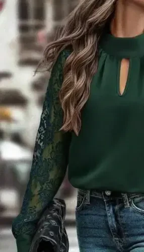 Kadın Uzun Kollu Göğüs Pencere Detay Yaka Boğazlı Kolları Tüllü Sandy Bluz - 3