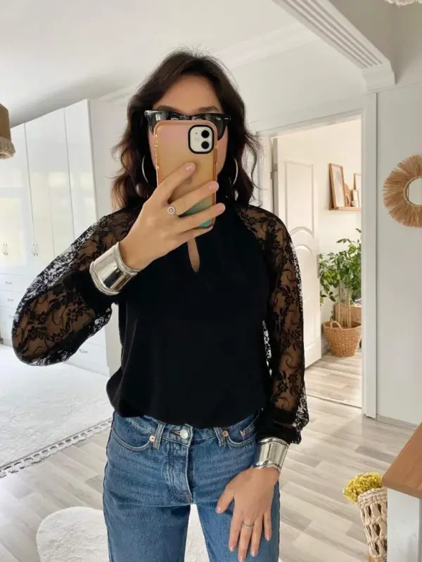 Kadın Uzun Kollu Göğüs Pencere Detay Yaka Boğazlı Kolları Tüllü Sandy Bluz - 4