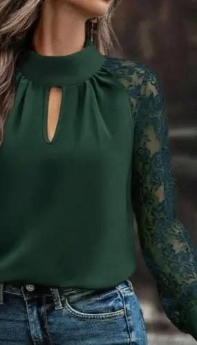 Kadın Uzun Kollu Göğüs Pencere Detay Yaka Boğazlı Kolları Tüllü Sandy Bluz - BÜYÜKBEDENIZ (1)