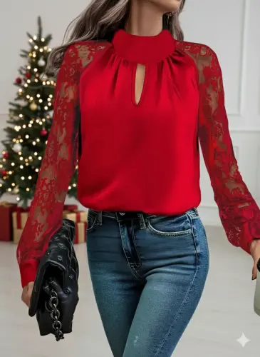 Kadın Uzun Kollu Göğüs Pencere Detay Yaka Boğazlı Kolları Tüllü Sandy Bluz - 1