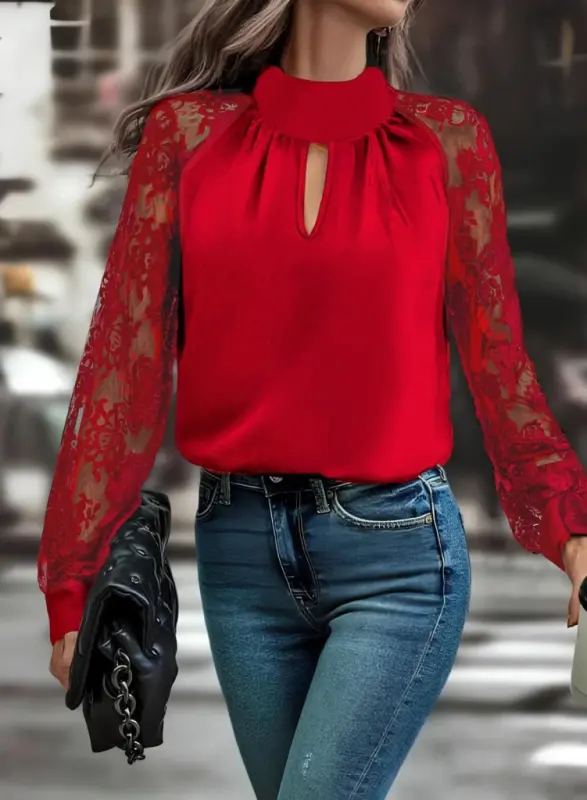 Kadın Uzun Kollu Göğüs Pencere Detay Yaka Boğazlı Kolları Tüllü Sandy Bluz - 2