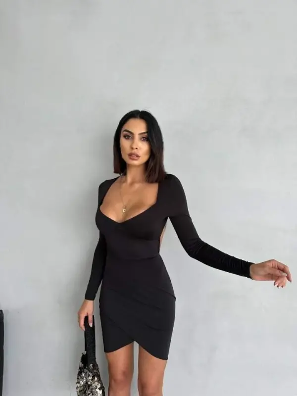 Kadın Uzun Kollu Göğüs Ve Sırt Dekolteli Kruvaze Etek Detay Fırsat ürün Mini Elbise - BÜYÜKBEDENIZ