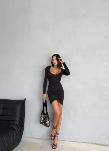 Kadın Uzun Kollu Göğüs Ve Sırt Dekolteli Kruvaze Etek Detay Fırsat ürün Mini Elbise - 3