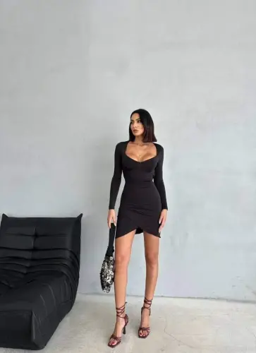 Kadın Uzun Kollu Göğüs Ve Sırt Dekolteli Kruvaze Etek Detay Fırsat ürün Mini Elbise - 4