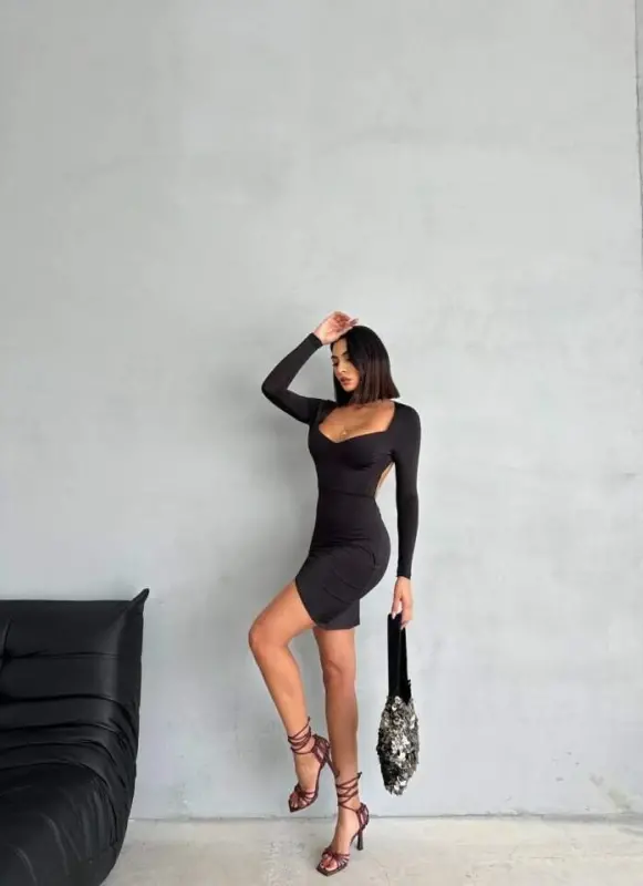 Kadın Uzun Kollu Göğüs Ve Sırt Dekolteli Kruvaze Etek Detay Fırsat ürün Mini Elbise - 6