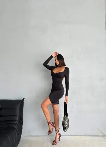 Kadın Uzun Kollu Göğüs Ve Sırt Dekolteli Kruvaze Etek Detay Fırsat ürün Mini Elbise - 6